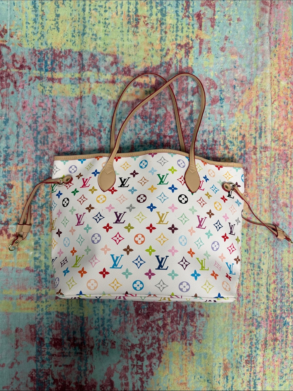 White Multicolor Logo Canvas Tote with Natural Leather Trim